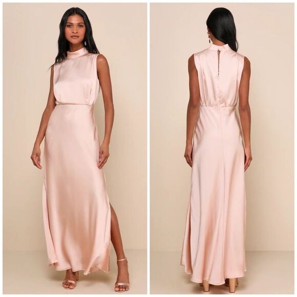 Lulus Classic Elegance Blush Satin Sleeveless Mock Neck Maxi Dress Small NEW - Picture 1 of 15